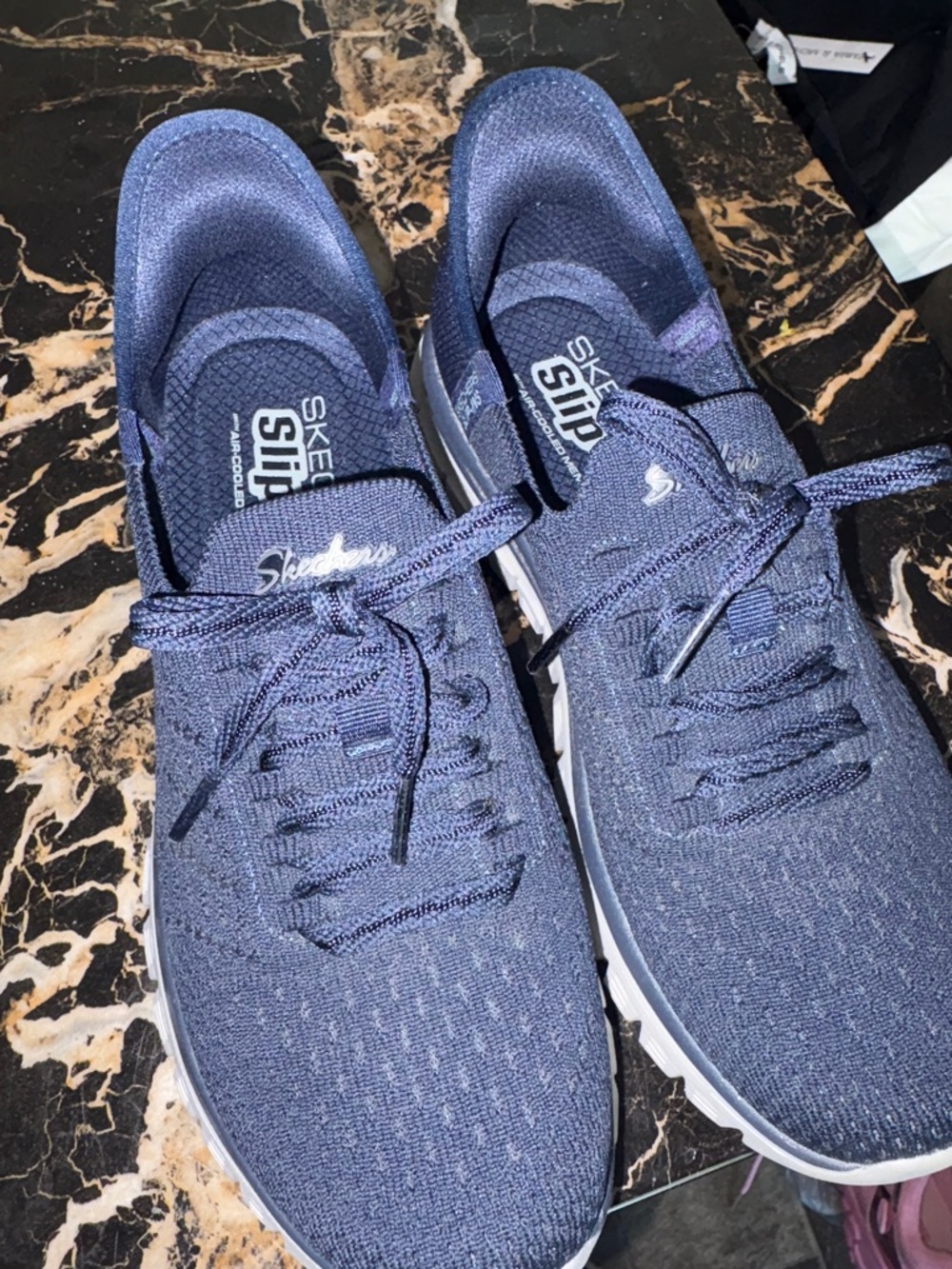 Skechers Ladies Navy Knit Lace-Up Sneakers Slip- Ins